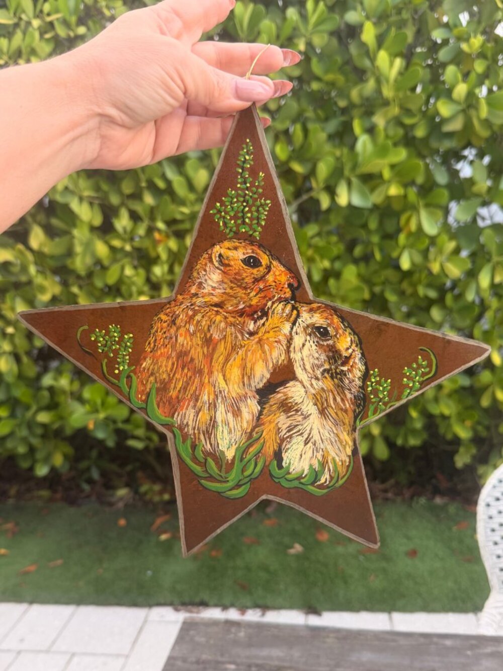 Vintage Hand Painted Tin Star Large Wildlife Wall Art Christmas Ornament Rustic